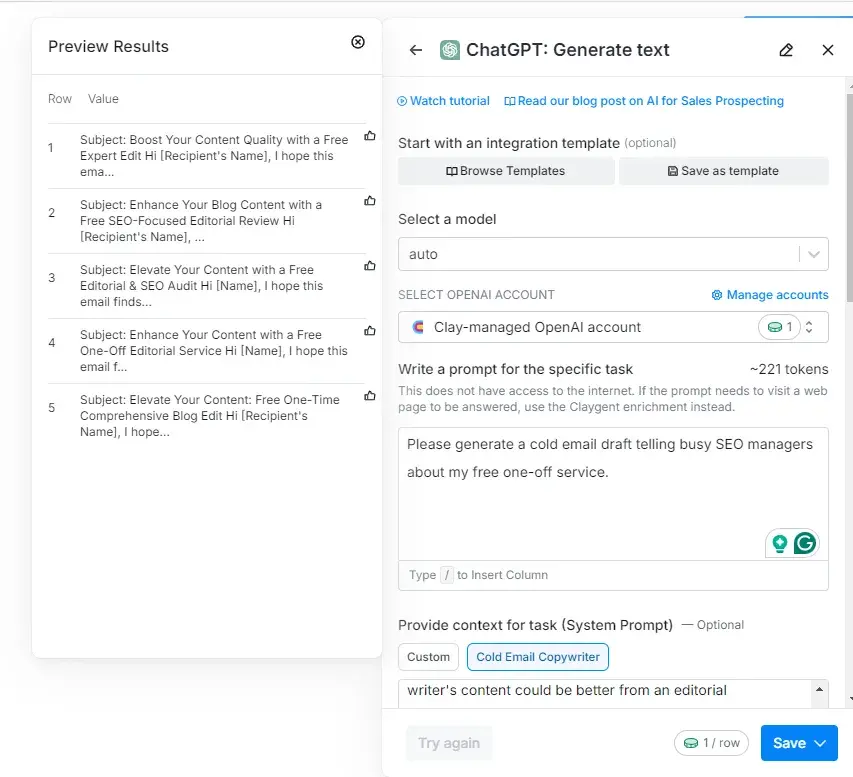 previewing the results for clays ai cold email generator