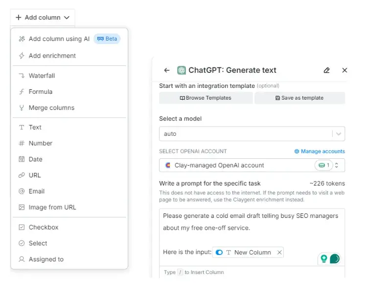 adding columns and inputs through clays ai cold email generator