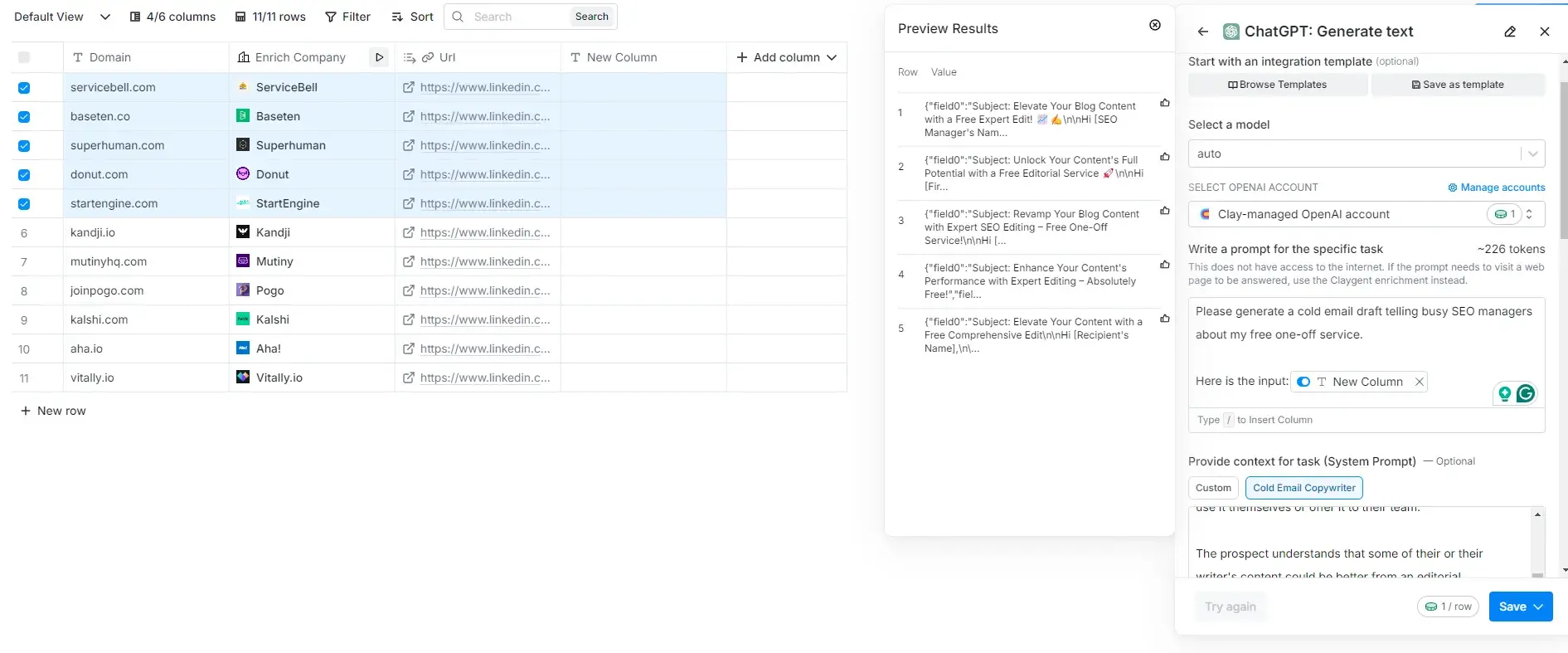 the result of adding columns and inputs through clays ai cold email generator
