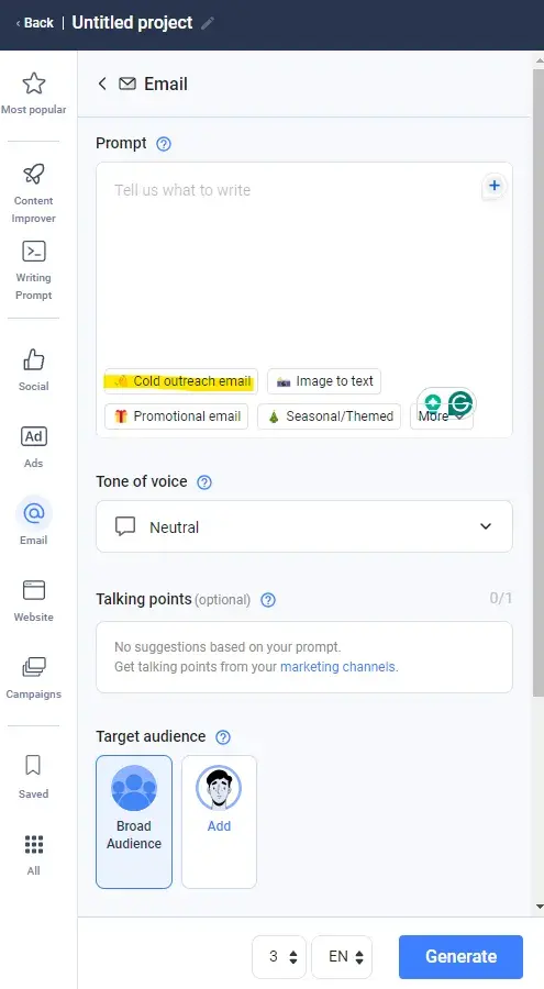 email prompt and input screen on anywords ai cold email generator