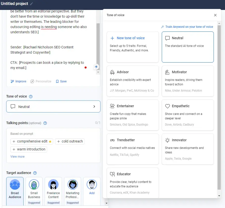 filling out the input fields on anywords ai cold email generator