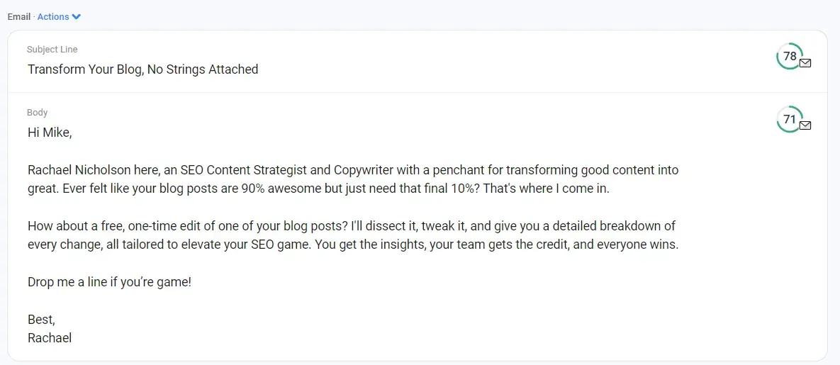 first cold email result from anywords ai cold email generator