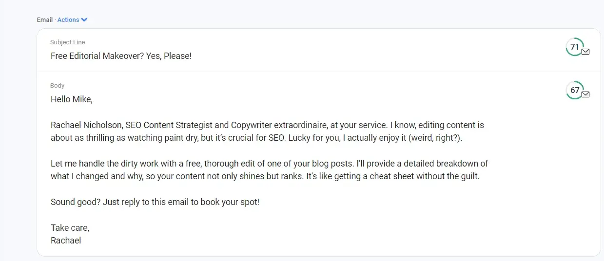 third cold email result from anywords ai cold email generator