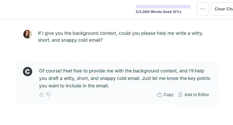 experimenting with chat on copy.ais ai cold email generator