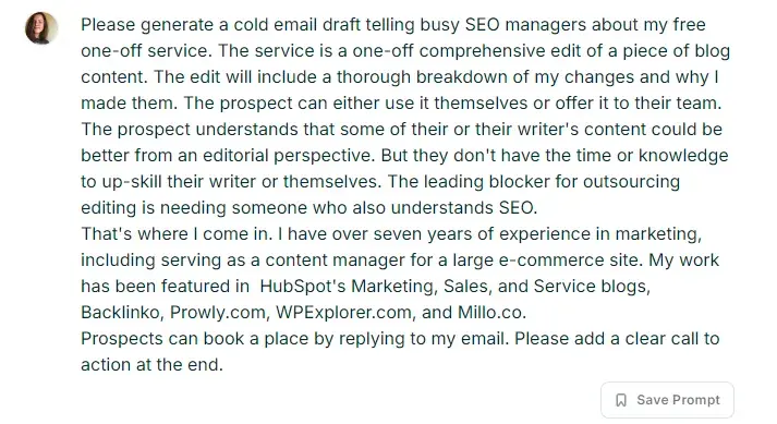 prompting chat on copy.ais ai cold email generator