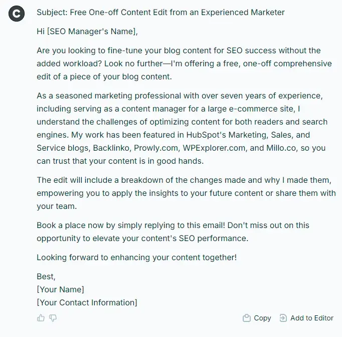 the result of prompting chat on copy.ais ai cold email generator