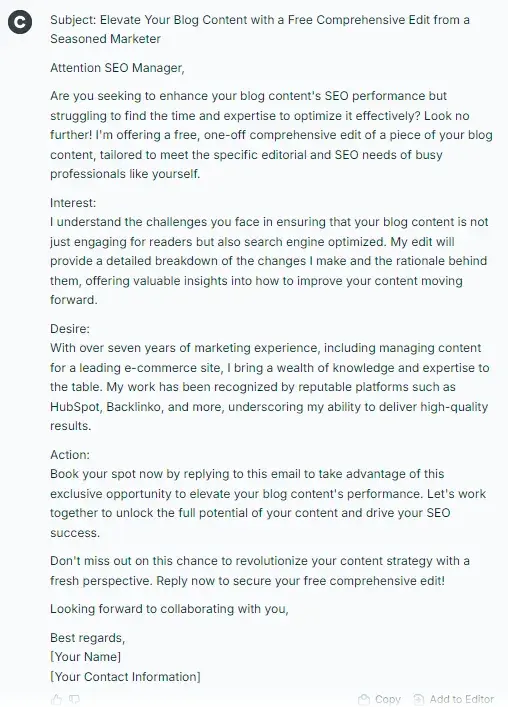 the result of trying a cold email template on copy.ais ai cold email generator