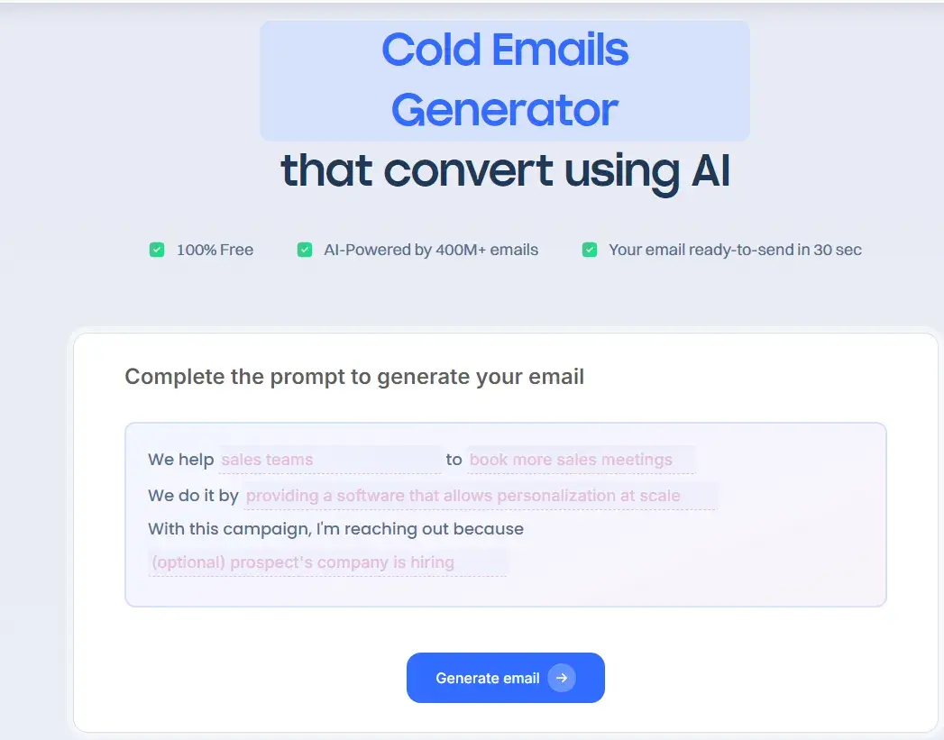 the cold email generator start page on lemlists ai cold email generator