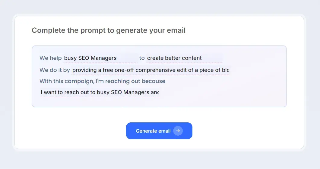 filling out a prompt on lemlists ai cold email generator