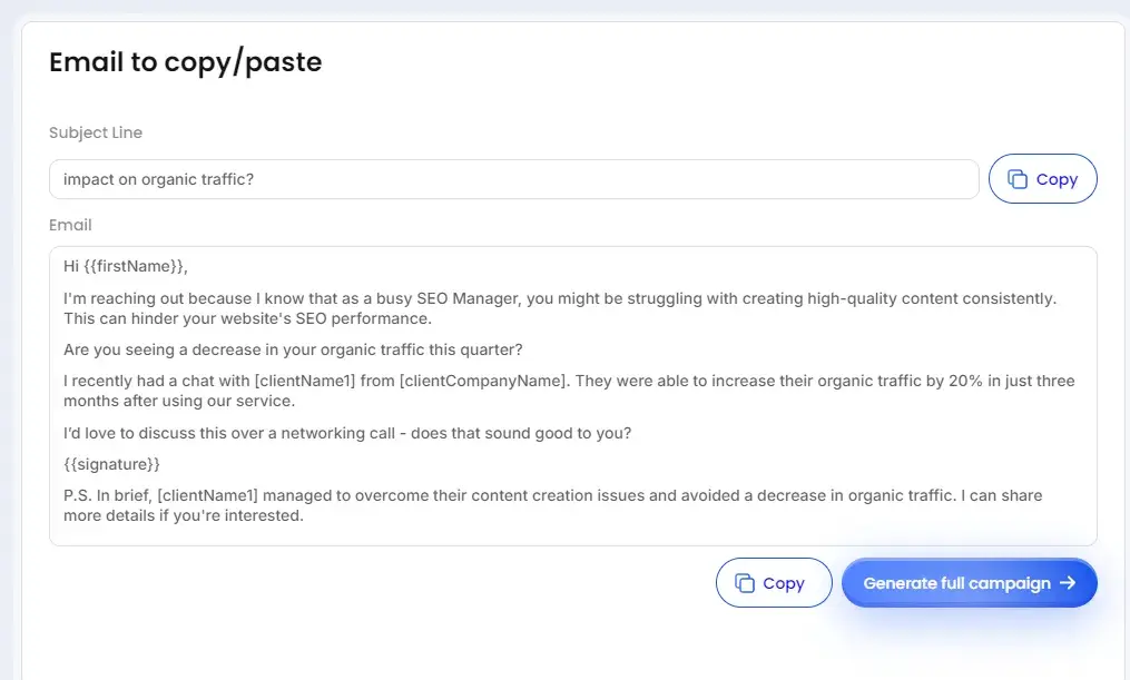 the result of prompting on lemlists ai cold email generator