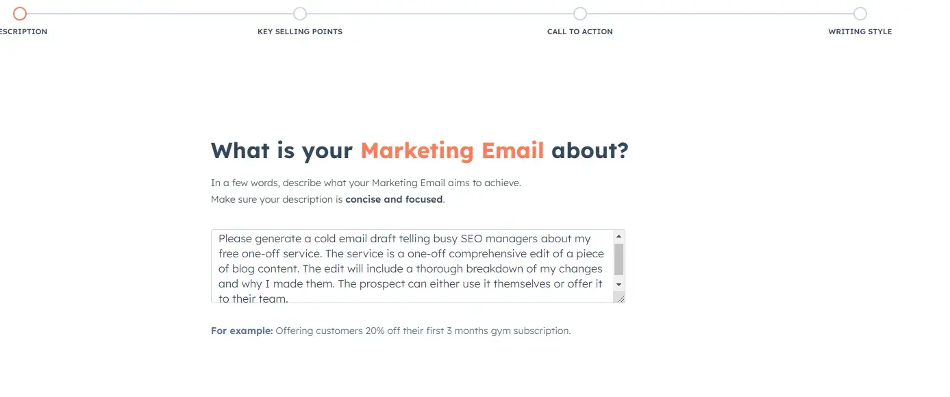 choosing the focus of your marketing email with hubspots ai cold email generator