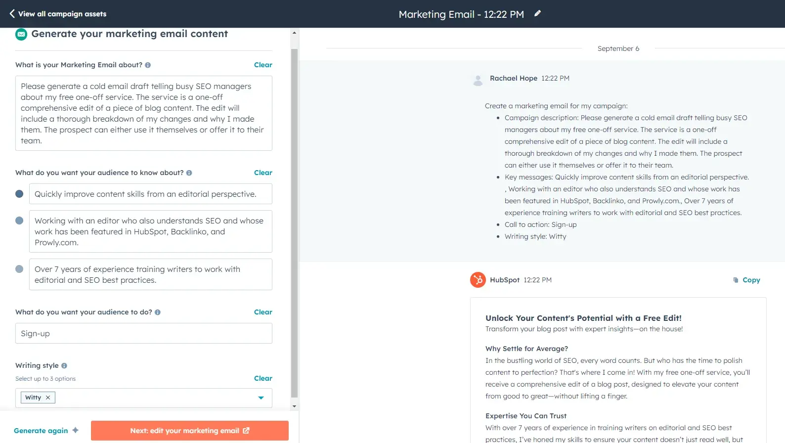 the main dashboard of hubspots ai cold email generator