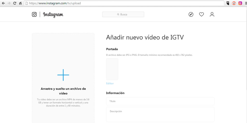 Pantalla de IGTV para subir videos desde PC o Mac