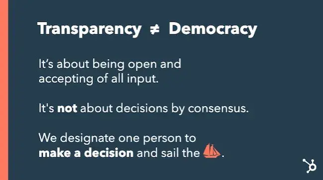 Slide from The ̽ѡ Culture Code, explaining the difference between transparency and democracy.