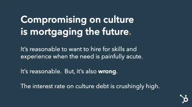 Slide from The ̽ѡ Culture Code, highlighting the importance of hiring based on culture, as well as skills and experience.