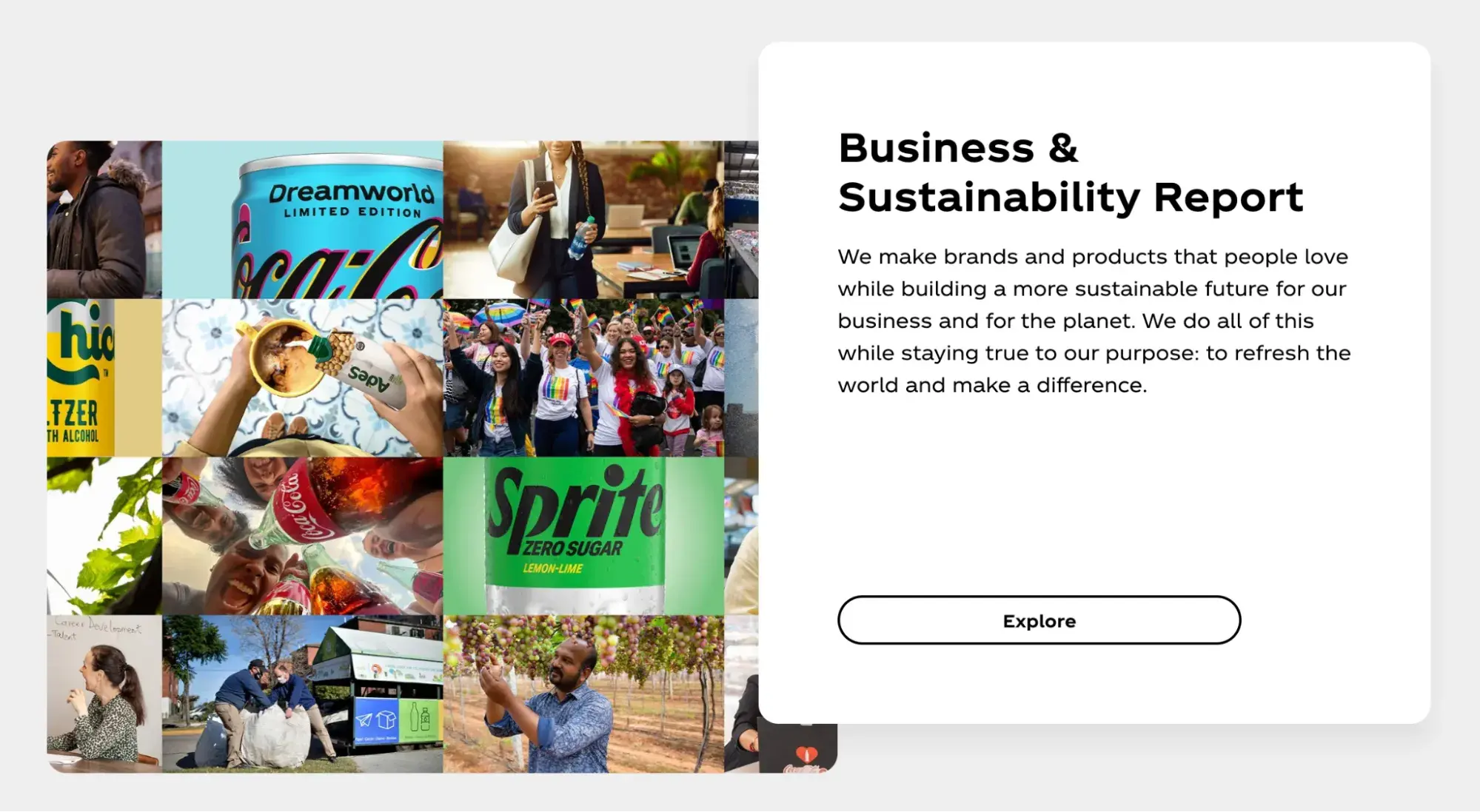 Coca-Colas Business & Sustainability Report, which promises to stay true to the companys purpose of refreshing the world and making a difference.