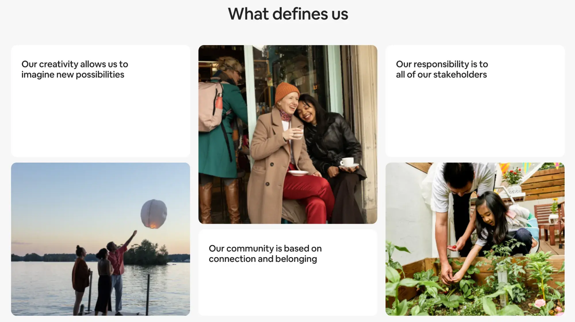 Airbnb What defines us section with three distinct messages true to the brand.