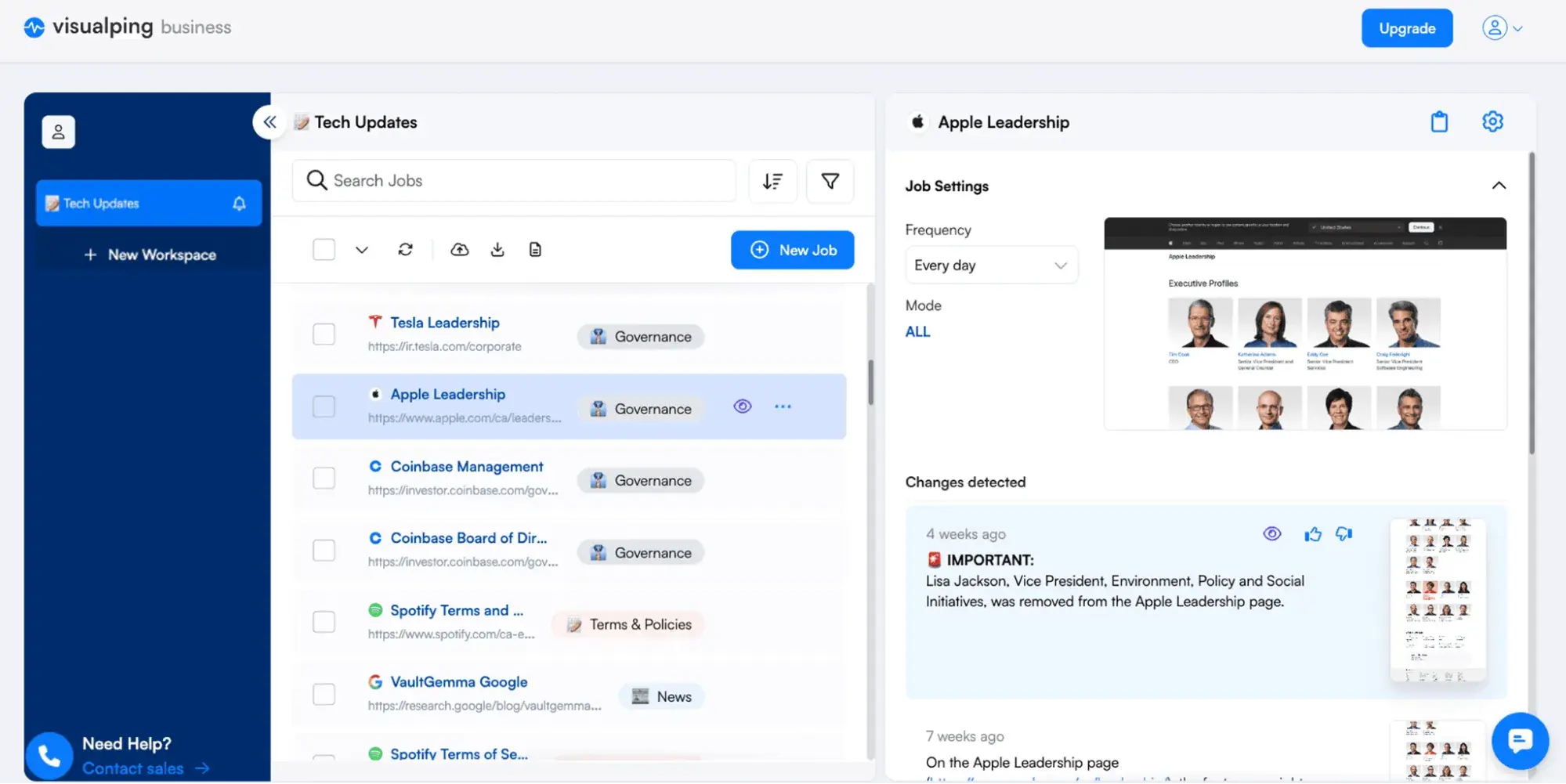 visualping business dashboard tracking web changes on apple, tesla, coinbase, and spotify pages