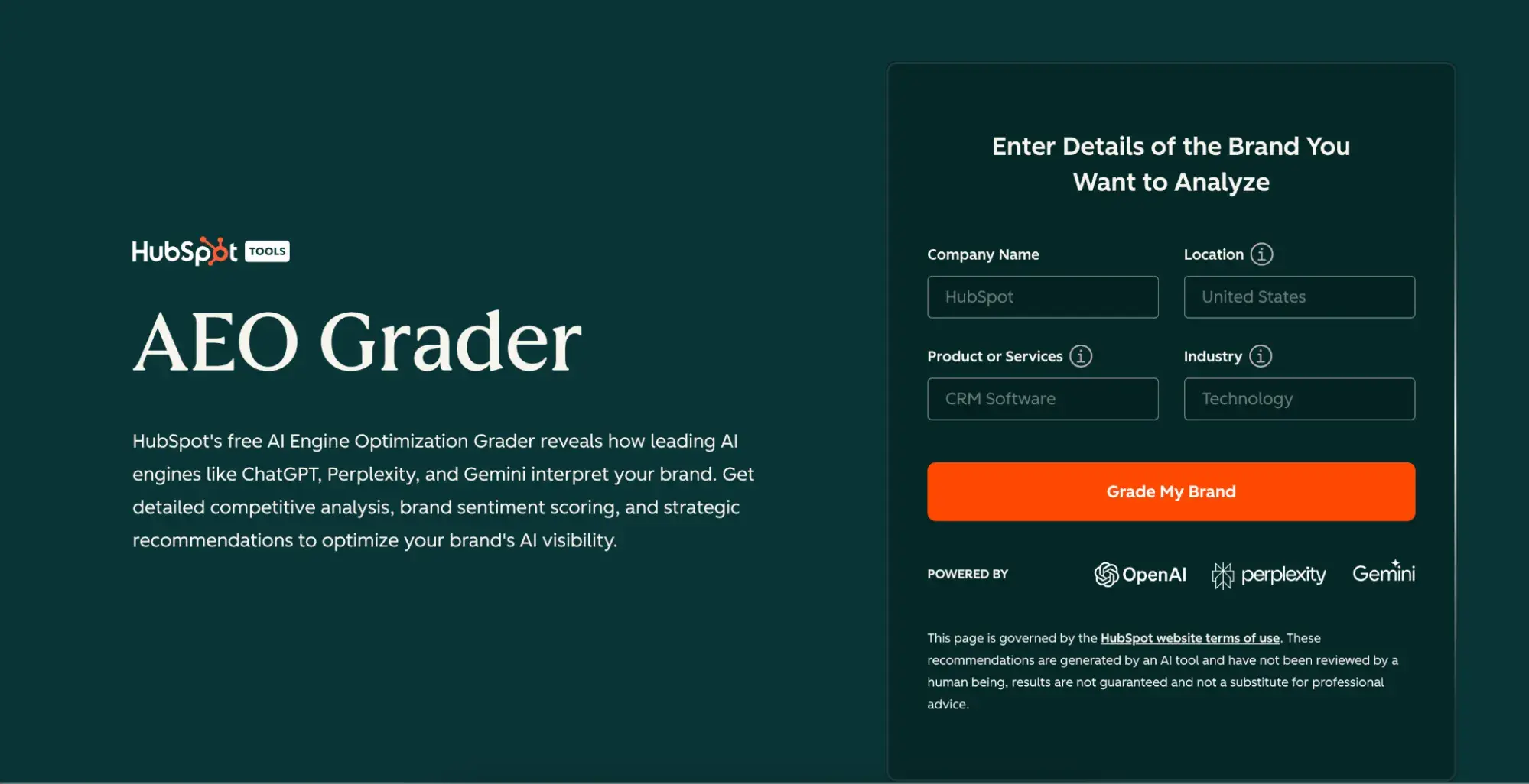 screenshot showing hubspots aeo grader, a tool to help brands align with new consumer search behavior