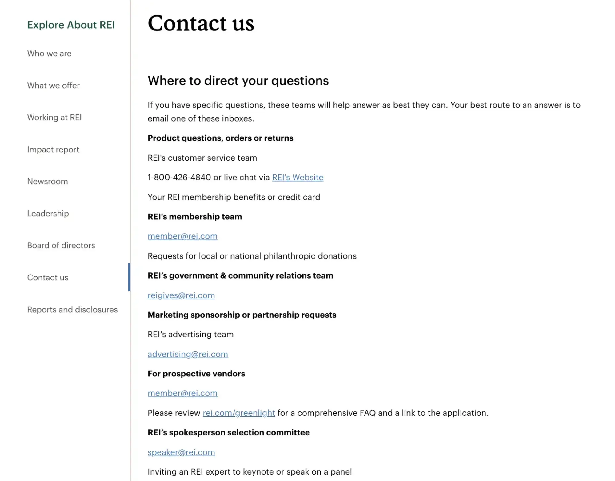 contact us page example, rei