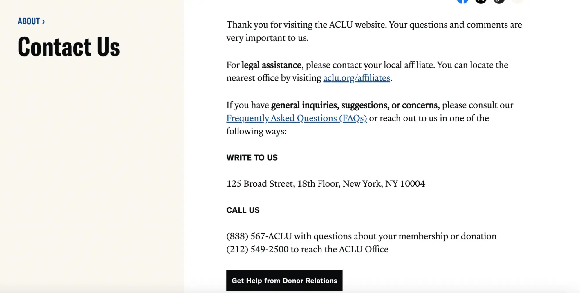 contact us page example, aclu