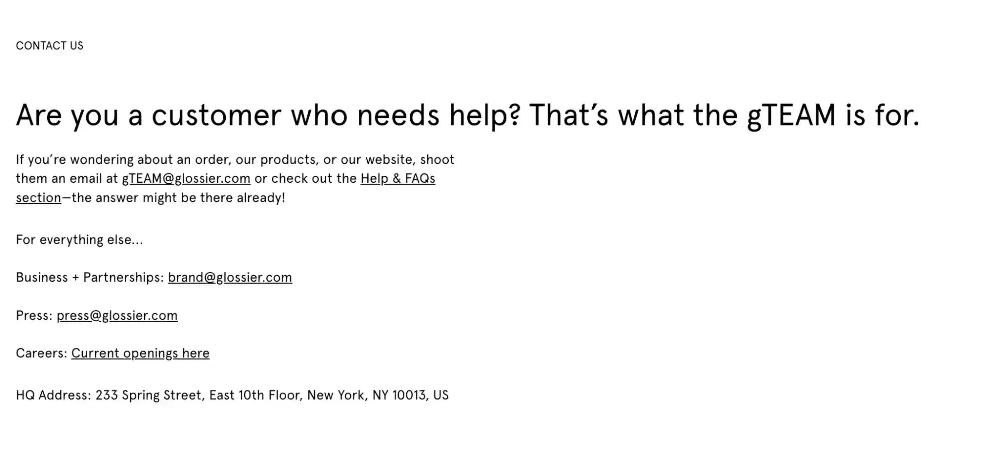 contact us page example, glossier