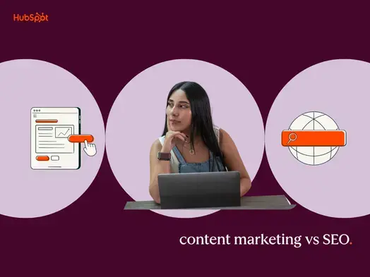 woman between two icons representing content marketing vs seo
