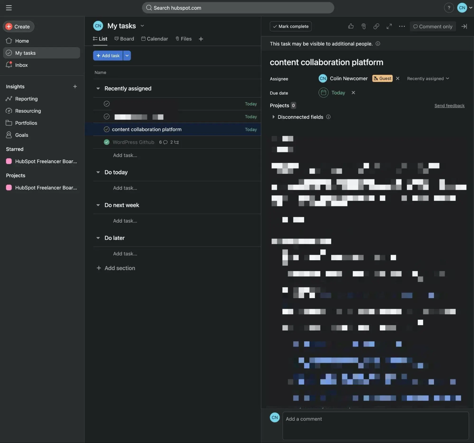 Asana task management interface showing content collaboration workflow with task list and details panel