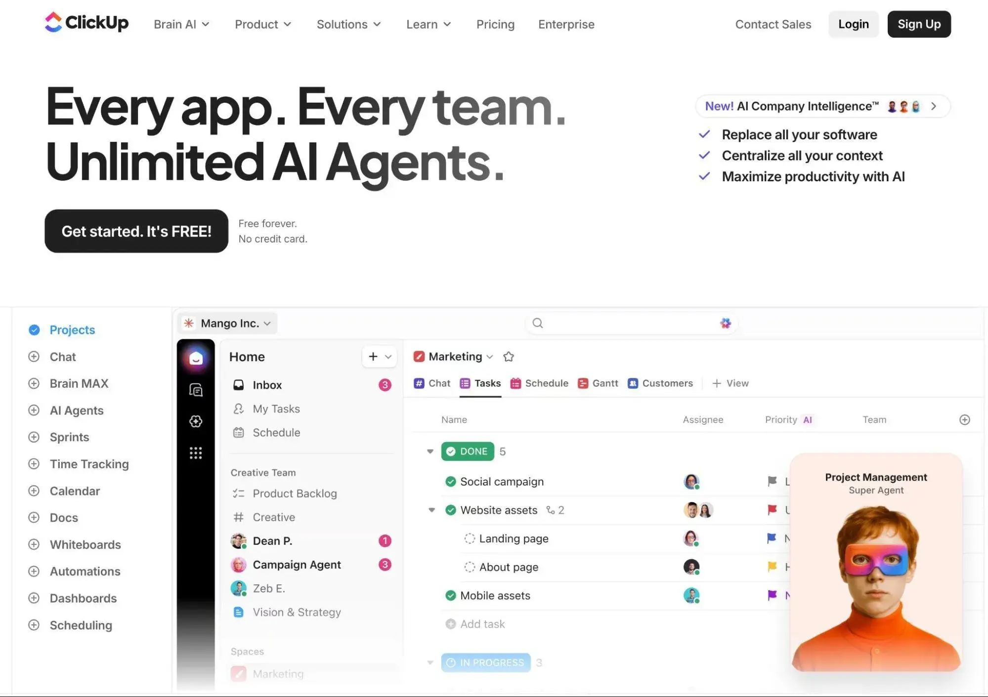 content collaboration platform: The ClickUp homepage