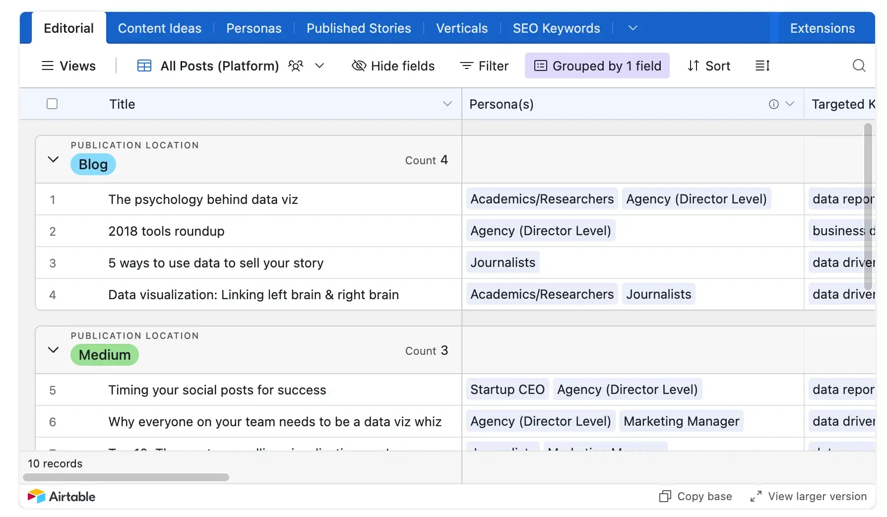 Screencap of AirTable content marketing management template. 