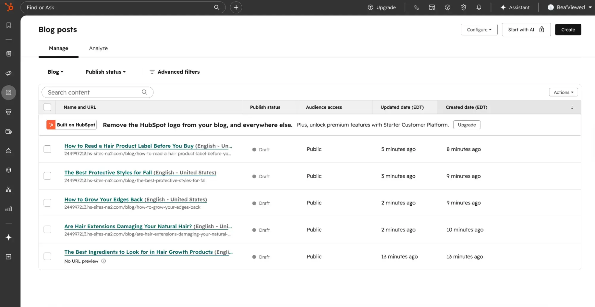 Content inventory in Content Hub showing blog post URLs, publish status, audience access, and updated dates.