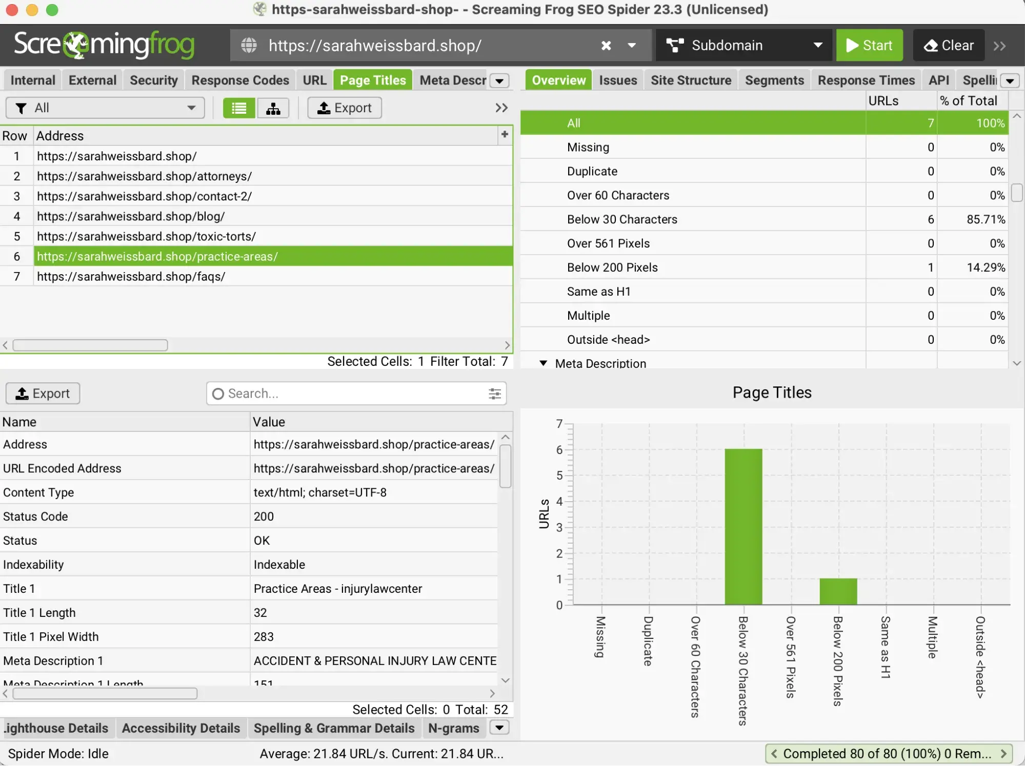 Content inventory crawl in Screaming Frog SEO Spider showing URLs, page titles, status codes, and metadata.