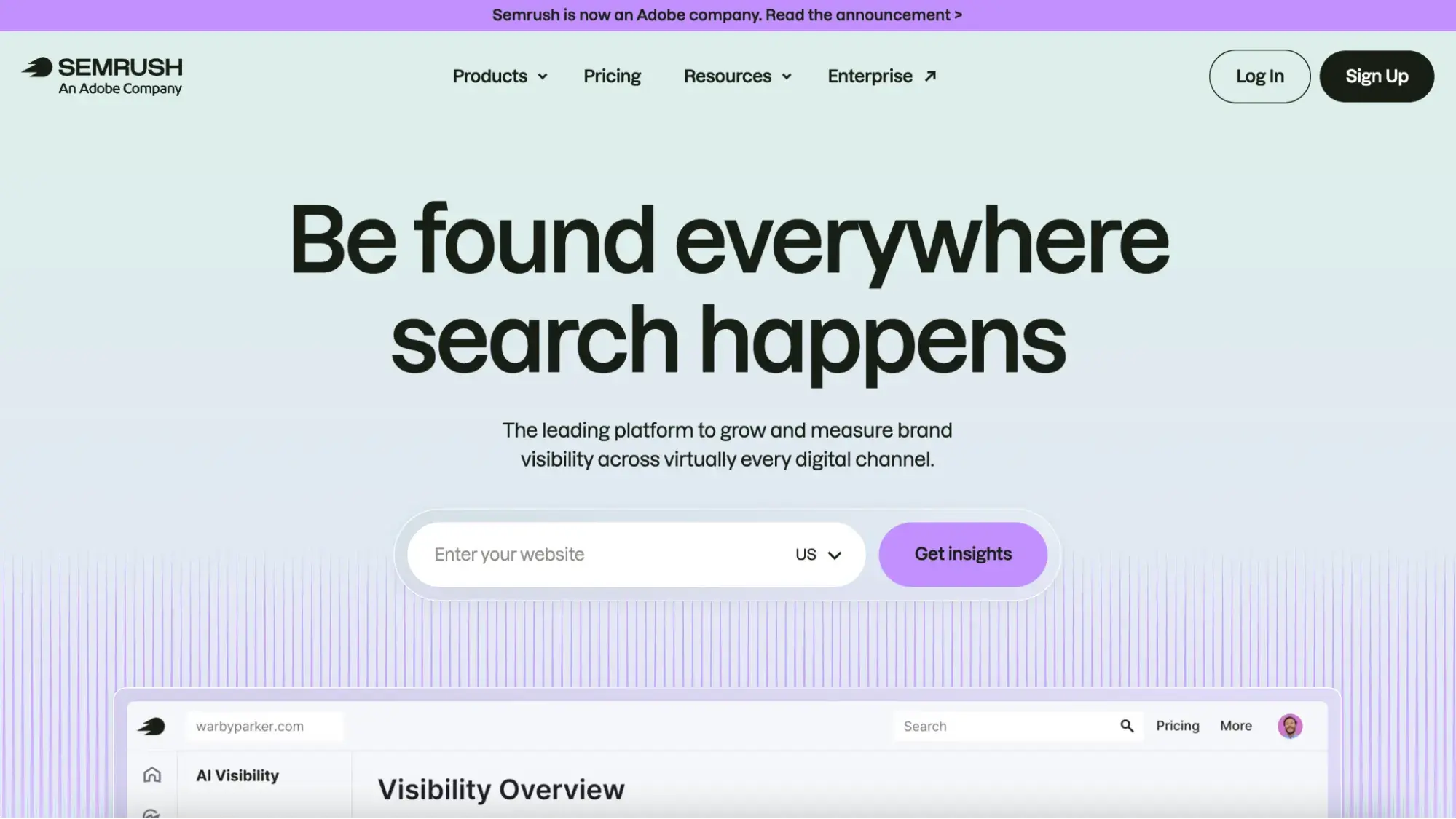 Content inventory tools, Semrush homepage with the headline “Be found everywhere search happens” and a website-insights search field.