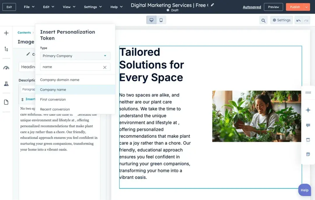 hubspot content hub editor showing the insert personalization token menu with crm-driven options, a key content management software feature for dynamic visitor targeting
