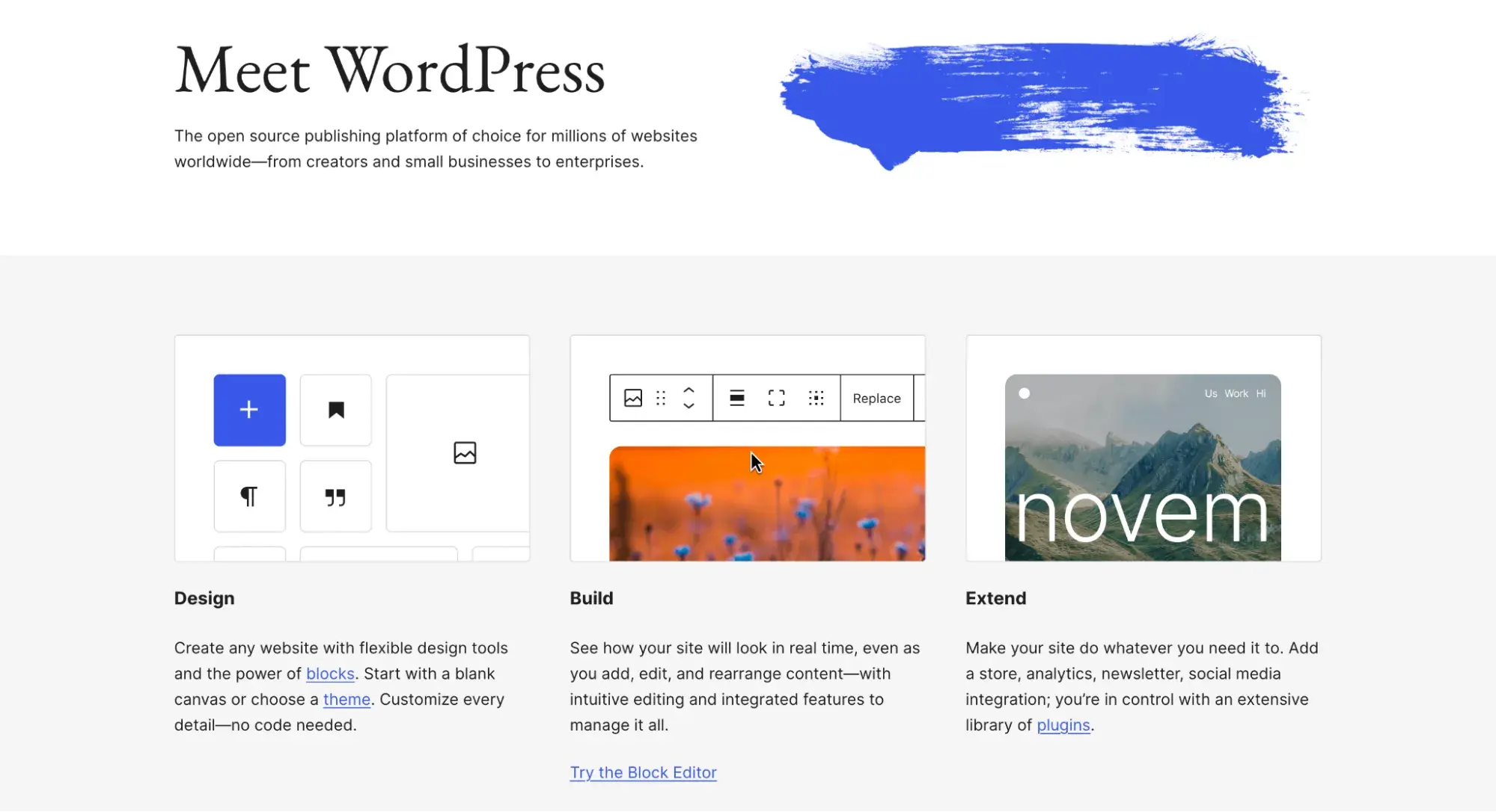 wordpress.org homepage showcasing its open-source content management software with design, build, and extend feature cards for the block editor