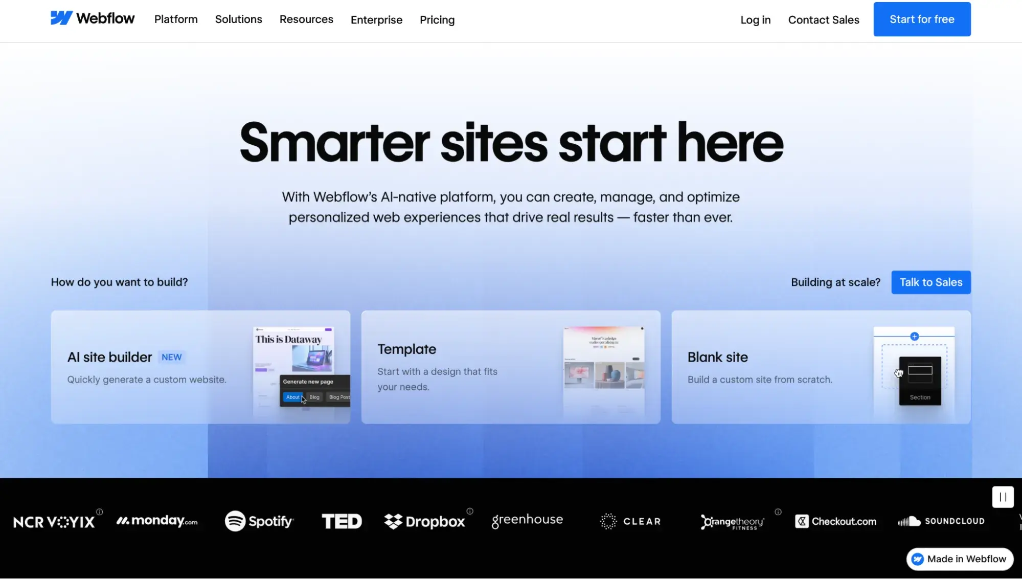 webflow homepage featuring ai site builder, template, and blank site options for its visual content management software platform