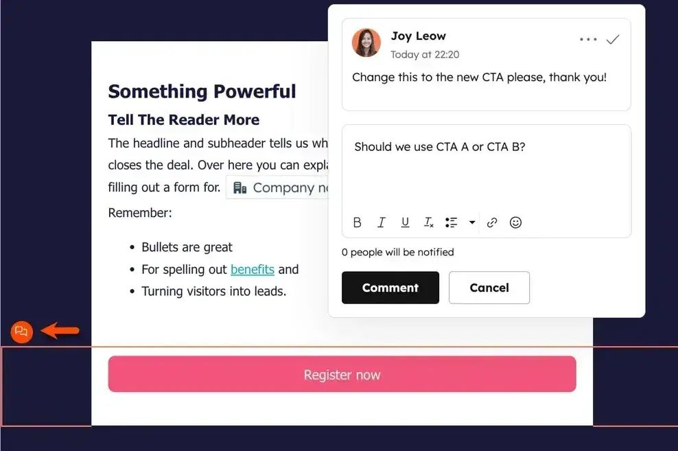 hubspot content hub collaboration features supporting a content management strategy, with a teammate leaving an in-line comment asking to swap a cta on a landing page draft