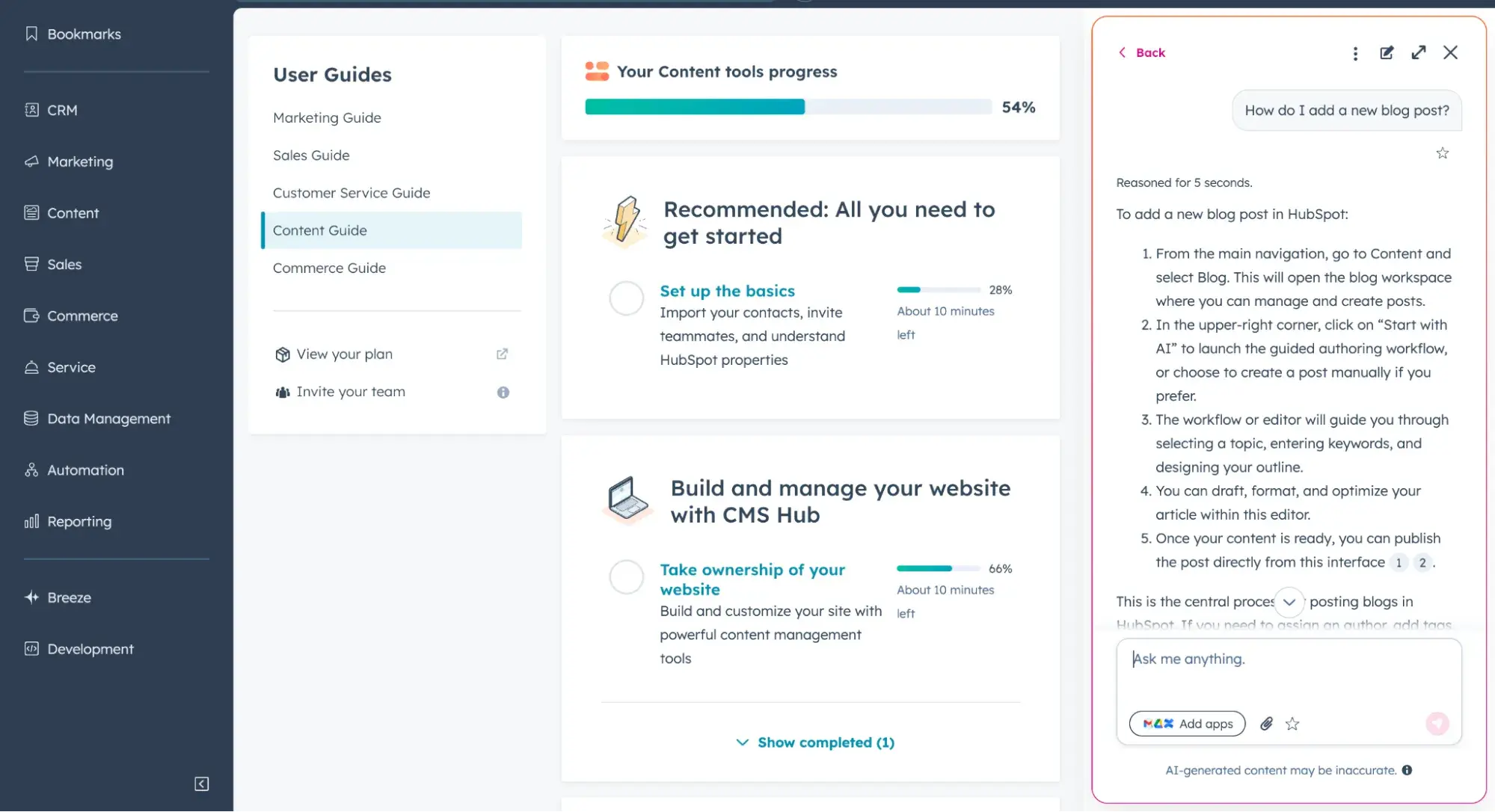 hubspot breeze ai assistant in the dashboard
