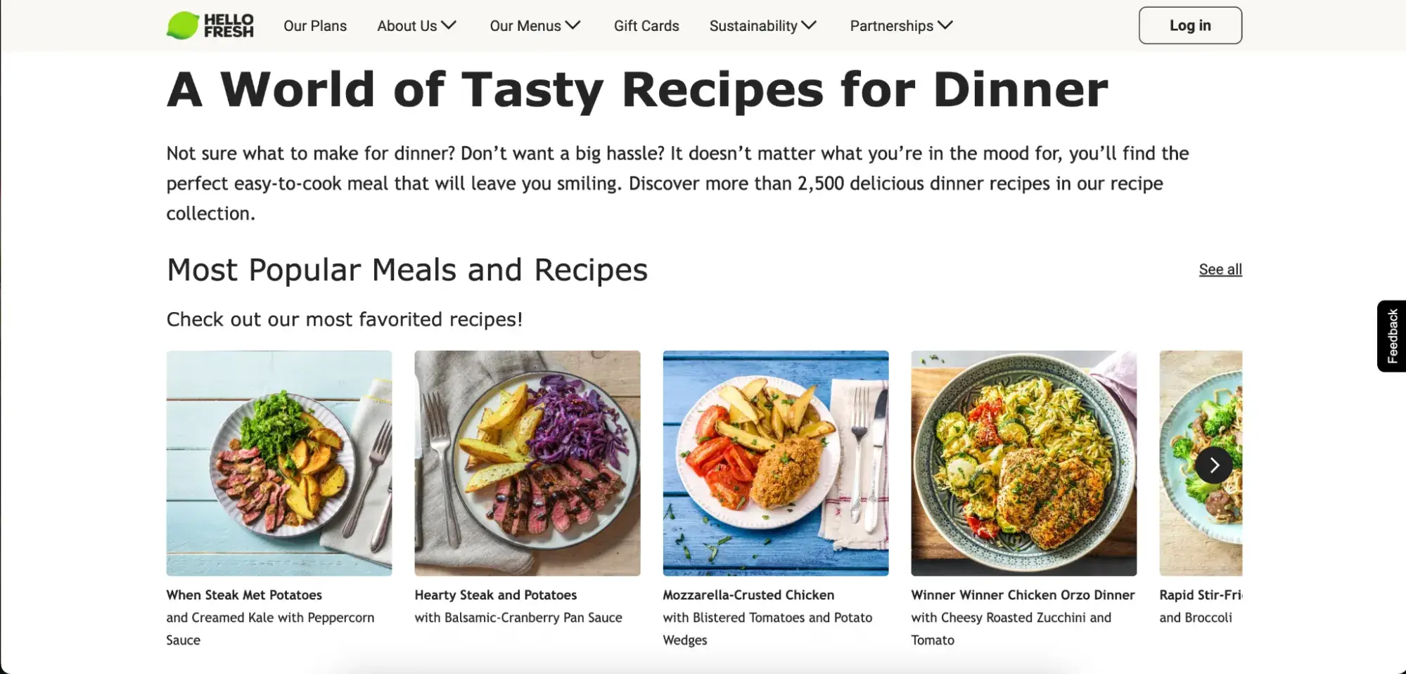 screenshot showing free recipes available as content marketing on hellofresh’s website.