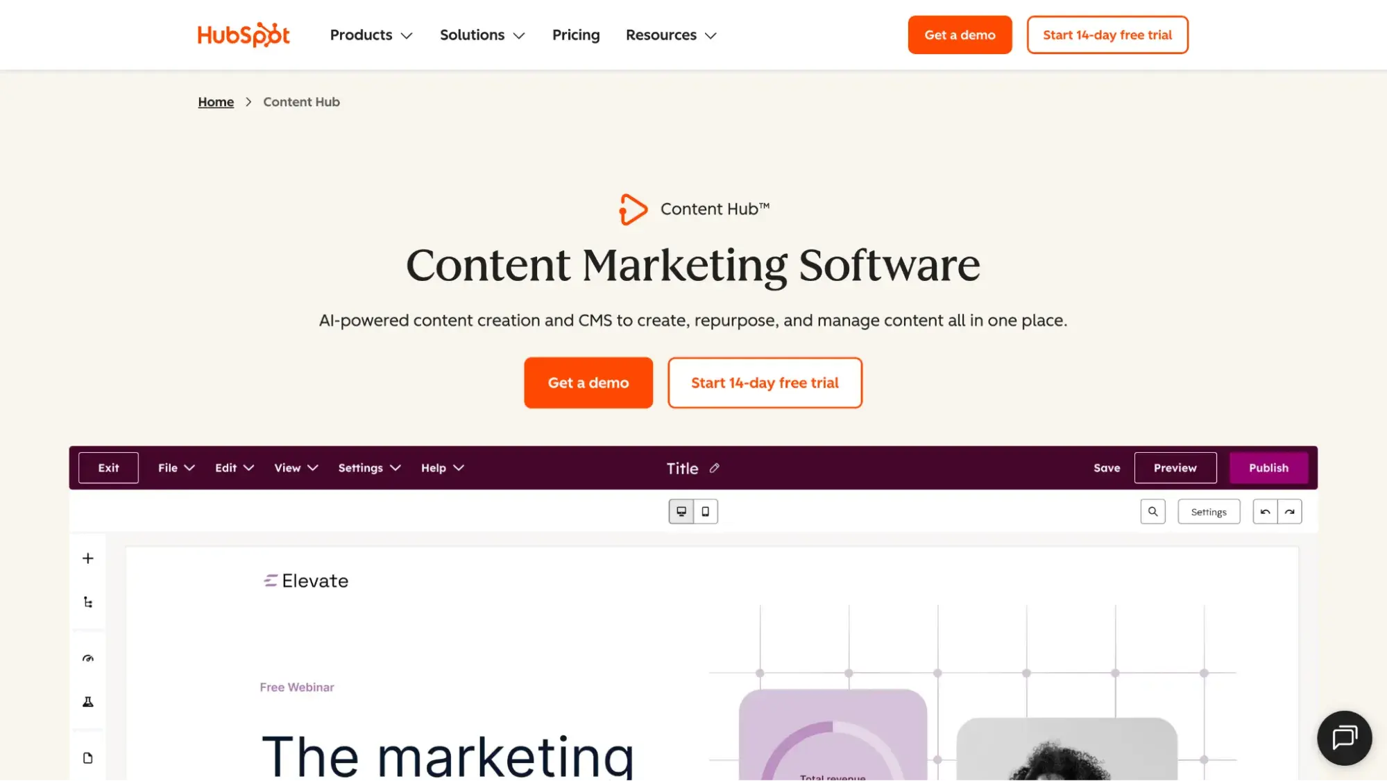 hubspot content hub content marketing platform product page showing the drag-and-drop page editor with save, preview, and publish options