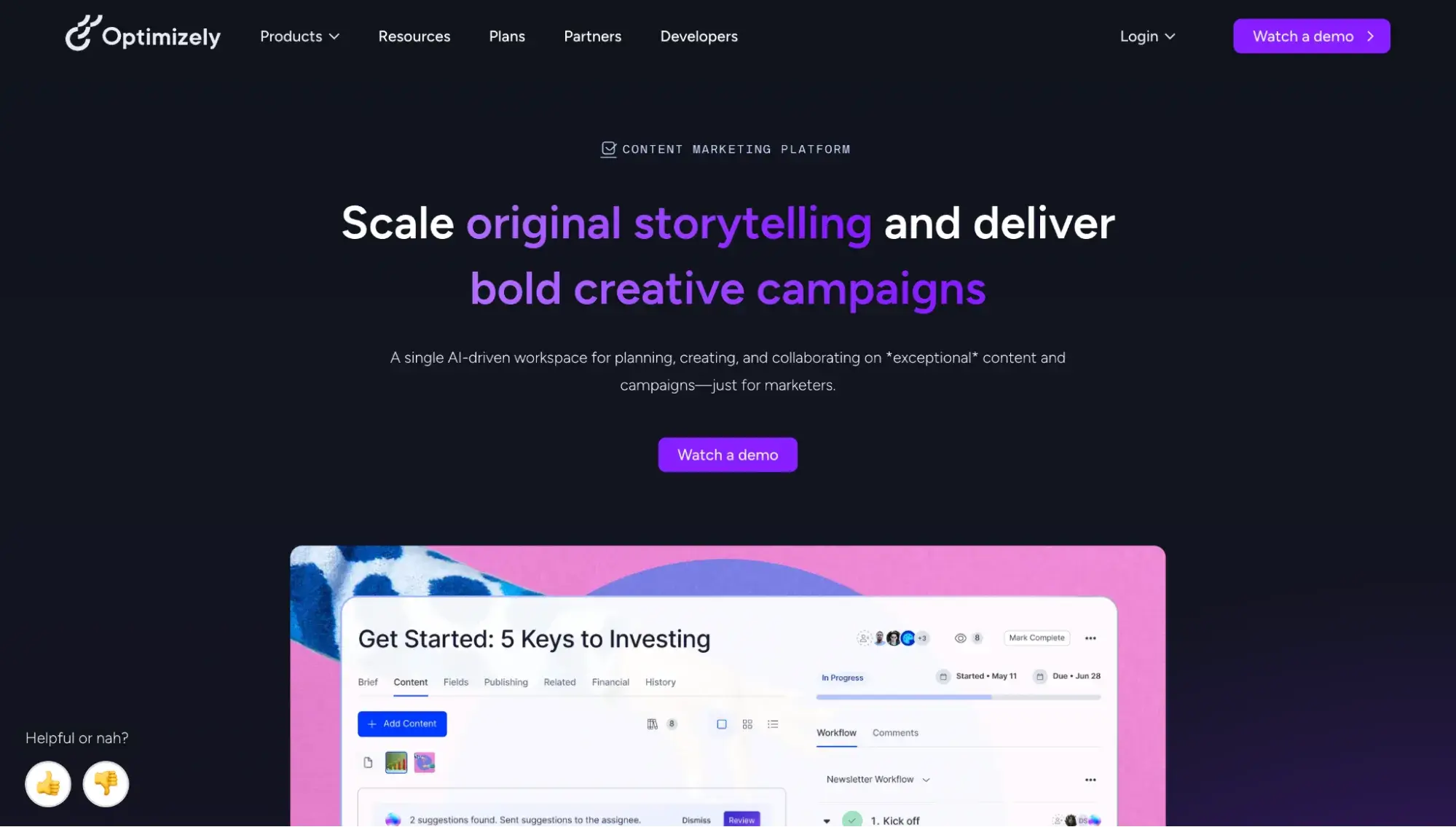 optimizely content marketing platform homepage highlighting ai-driven editorial workflow with task assignments, content tabs, and campaign timeline