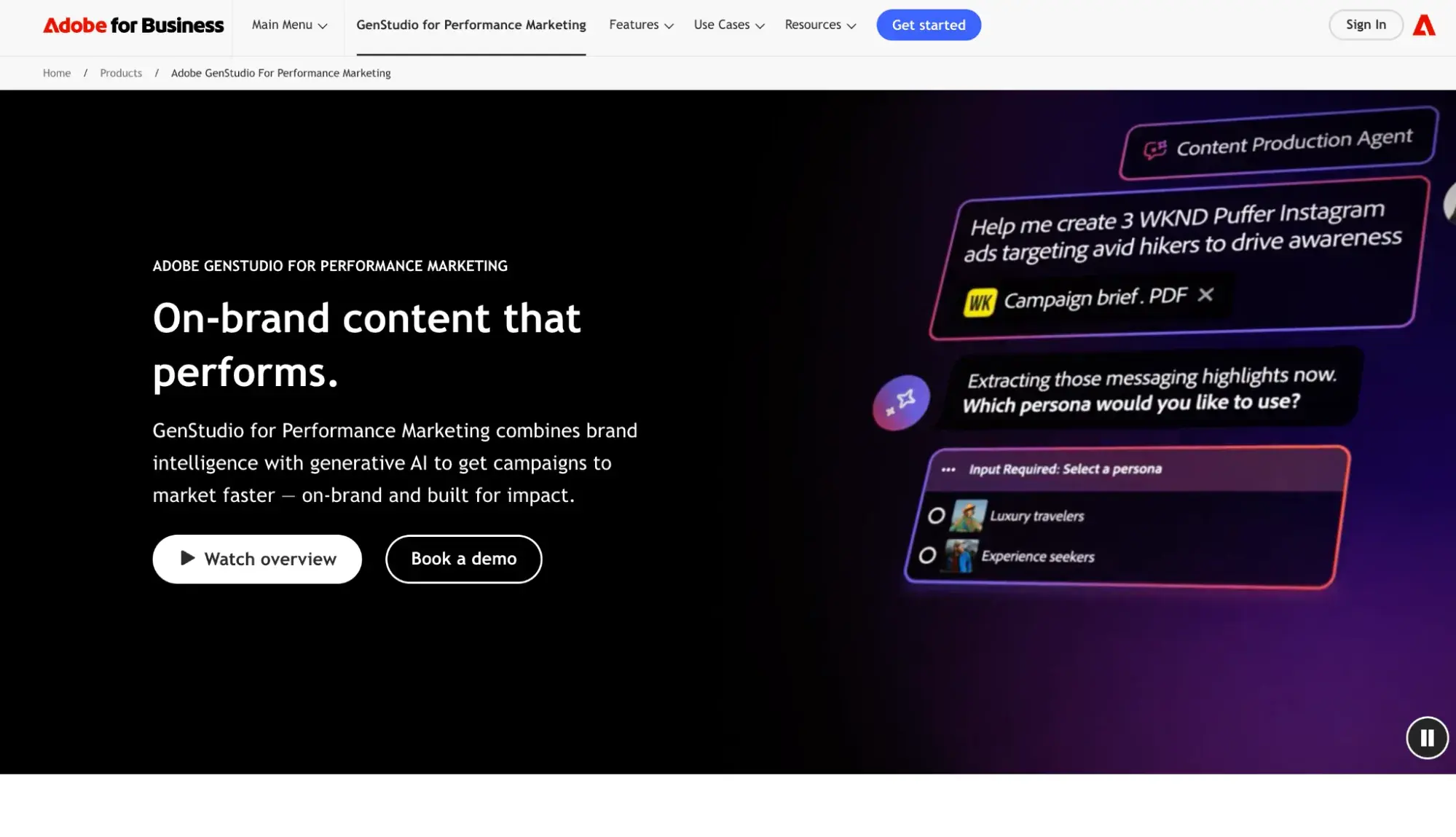 adobe genstudio for performance marketing page with content production agent generating persona-targeted ad campaigns