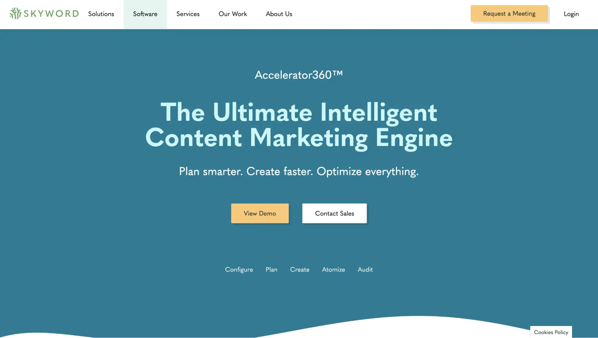 skyword accelerator360 content marketing platform homepage with configure, plan, create, atomize, and audit navigation options