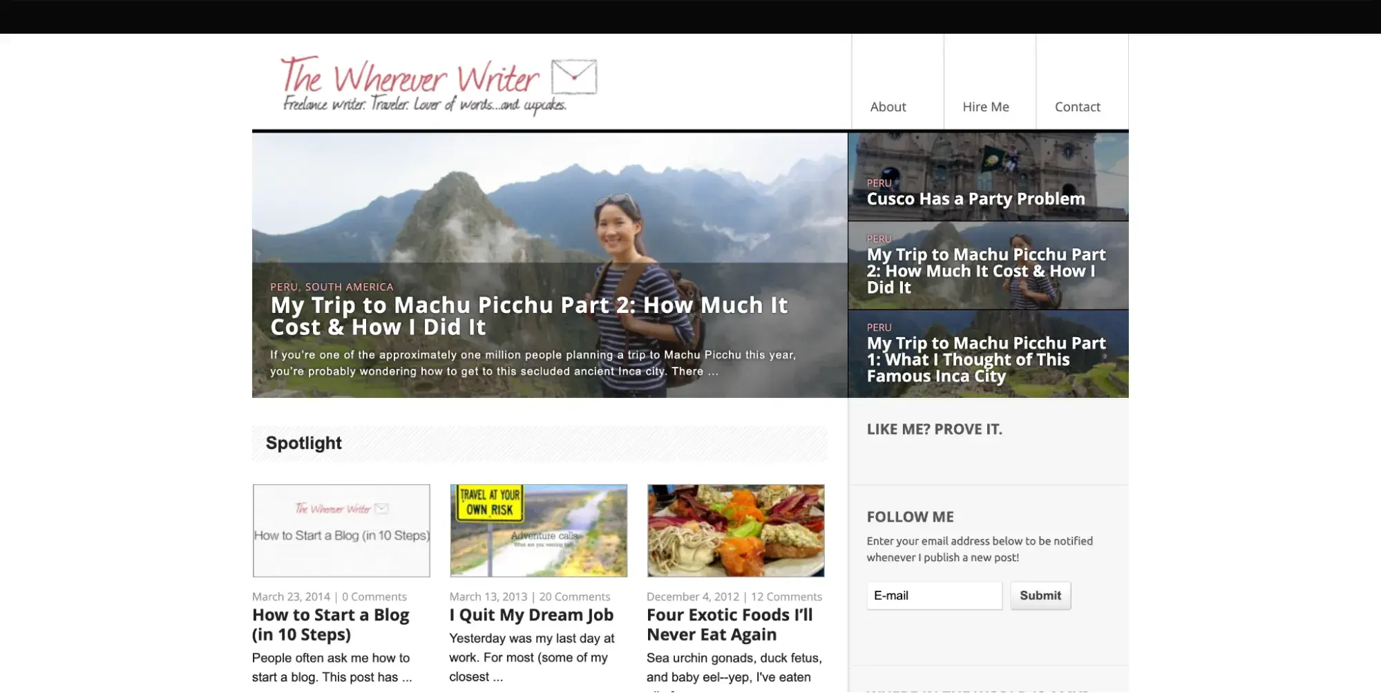 the wherever writer travel blog from 2014 with machu picchu posts — an early personal example of content marketing vs seo done by accident