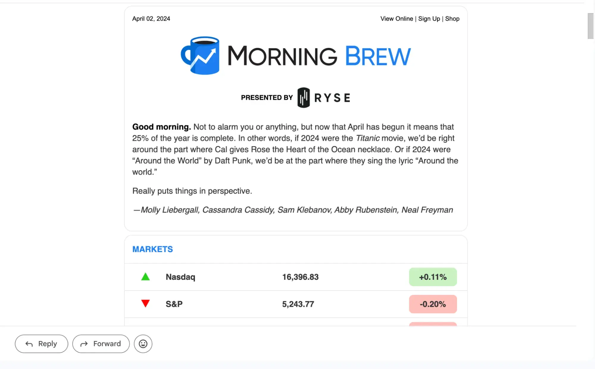 morning brew daily email newsletter with witty intro and stock data — a content marketing vs seo example where content wins without search