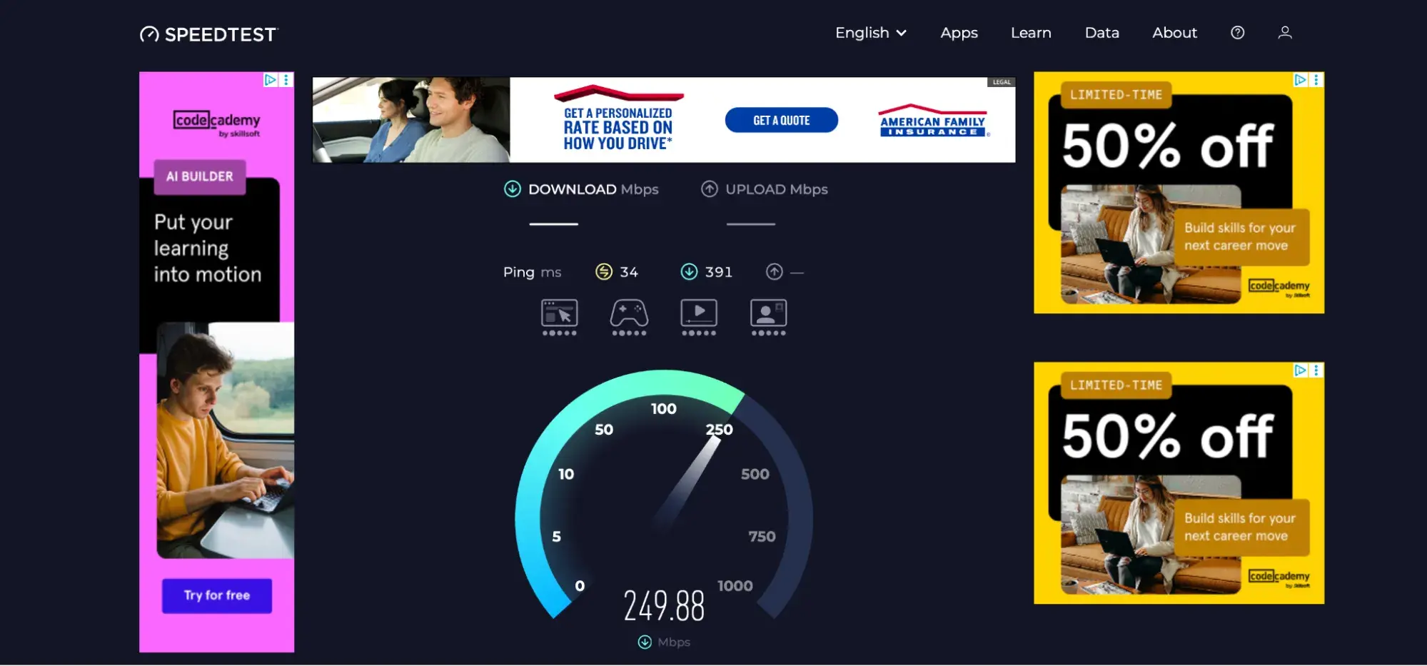 speedtest.net interface showing a 249.88 mbps download result on the speedometer dial, a primarily seo-driven web tool