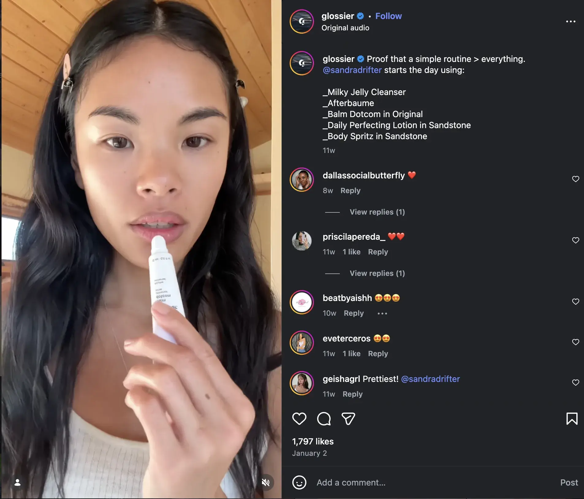 glossier instagram reel showing a customer’s “simple routine” with five glossier skincare and body products