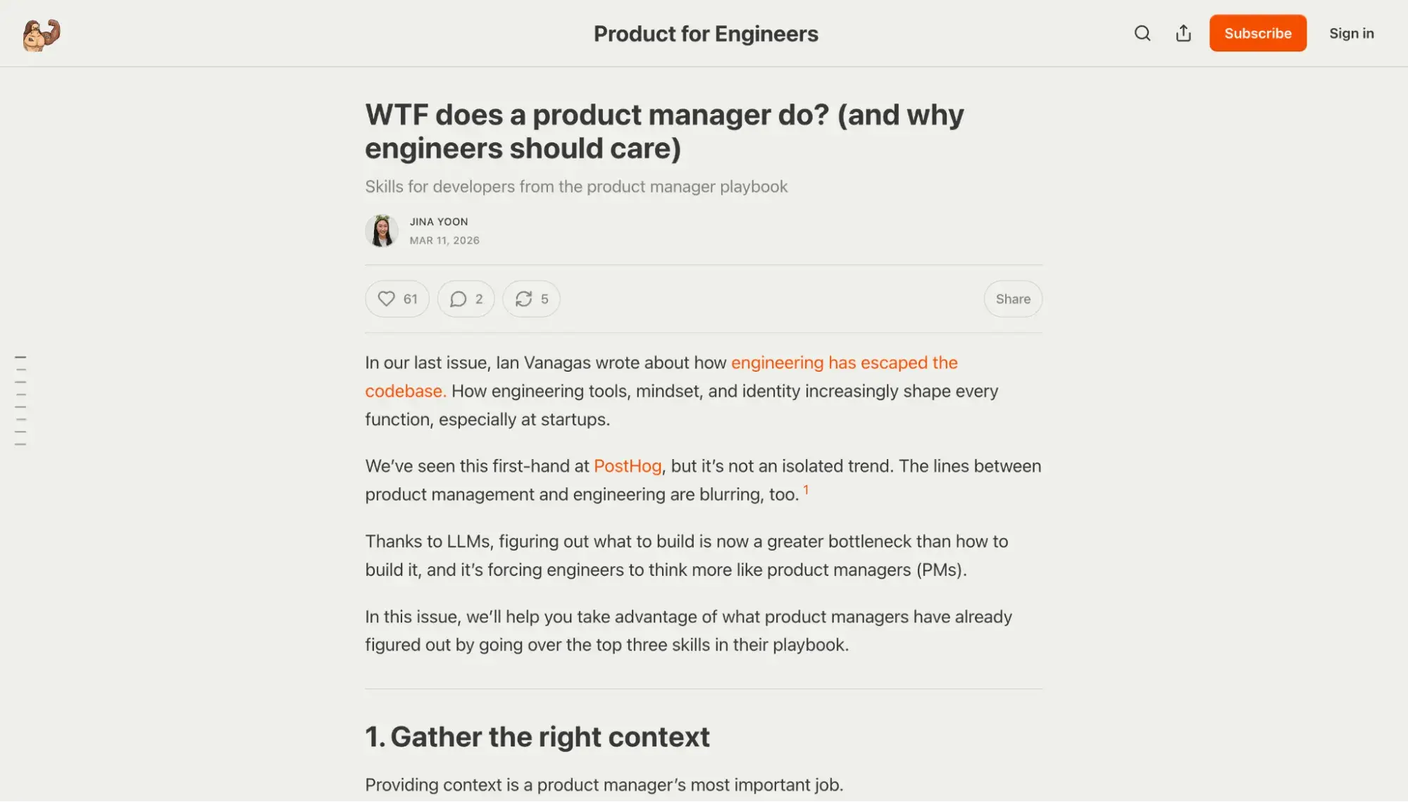 posthog’s product for engineers newsletter article “wtf does a product manager do?” — a text-heavy content marketing vs seo format that fits a developer tool audience