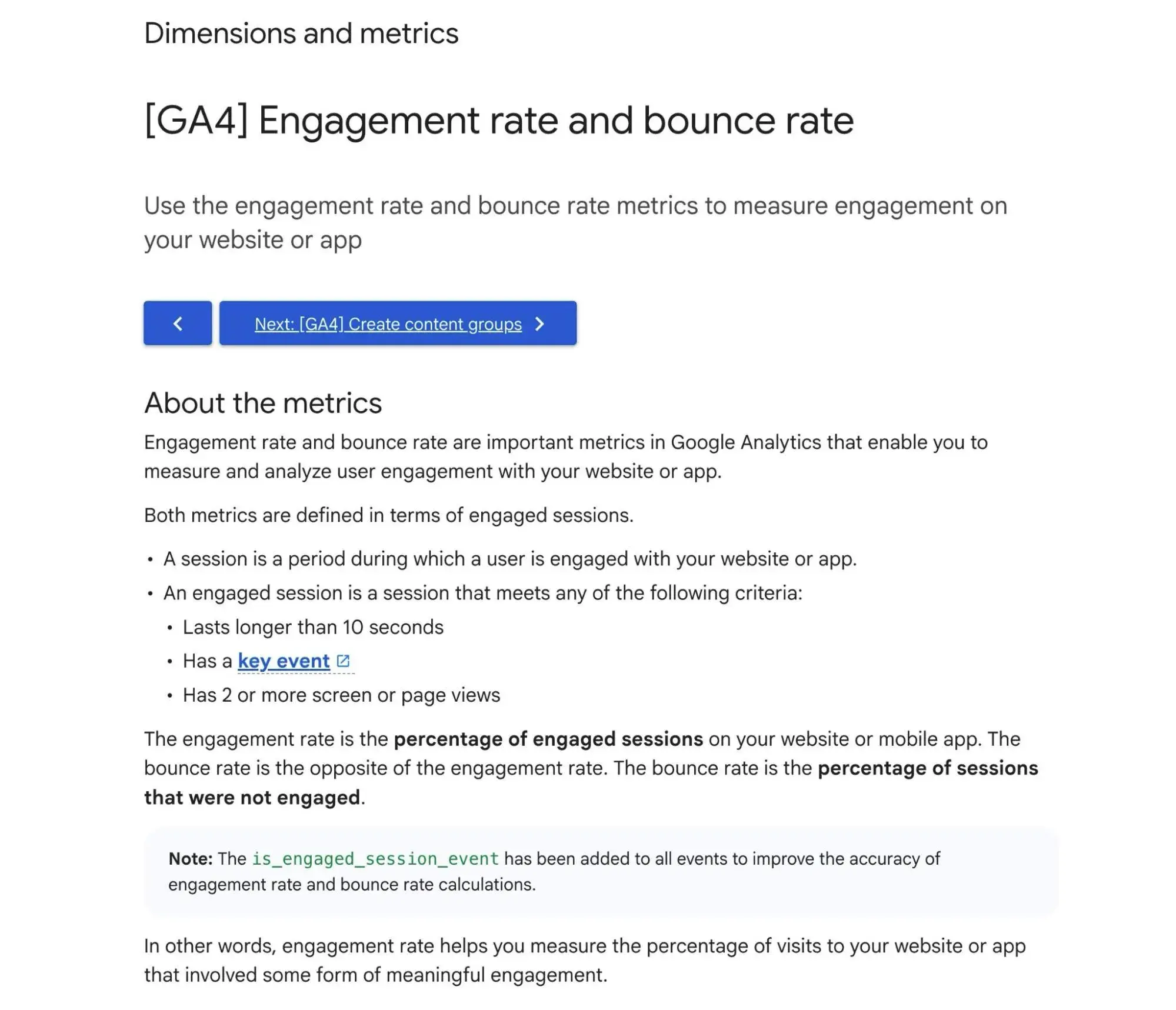 google's help page that explains engaged sessions