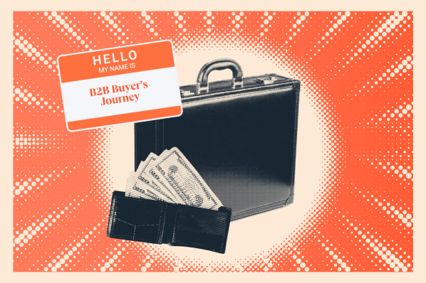 a hubspot-branded featured image with a briefcase and a wallet with money coming out alongside a nametag that says hello my name is B2B buyers journey